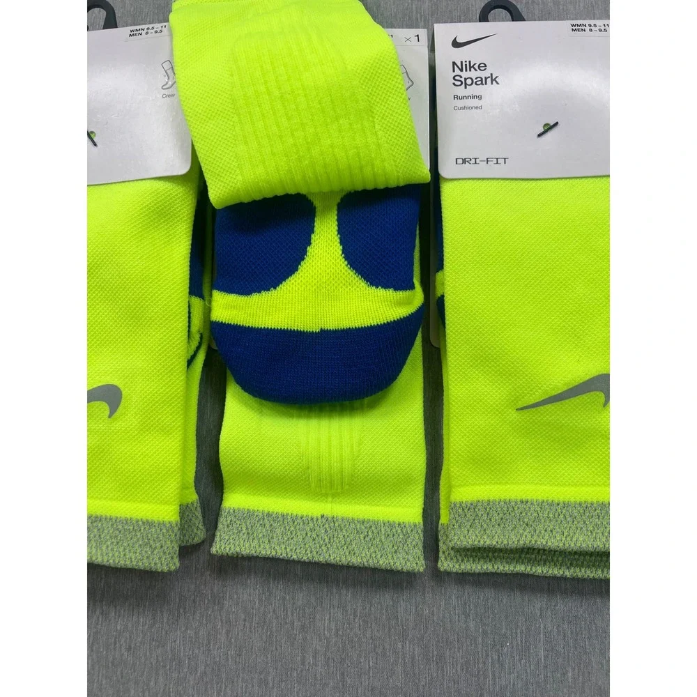 3 Nike Spark Running Crew‎ Socks Volt Yellow Dri-FIT Cushioned M 8-9.5 W 9.5-11